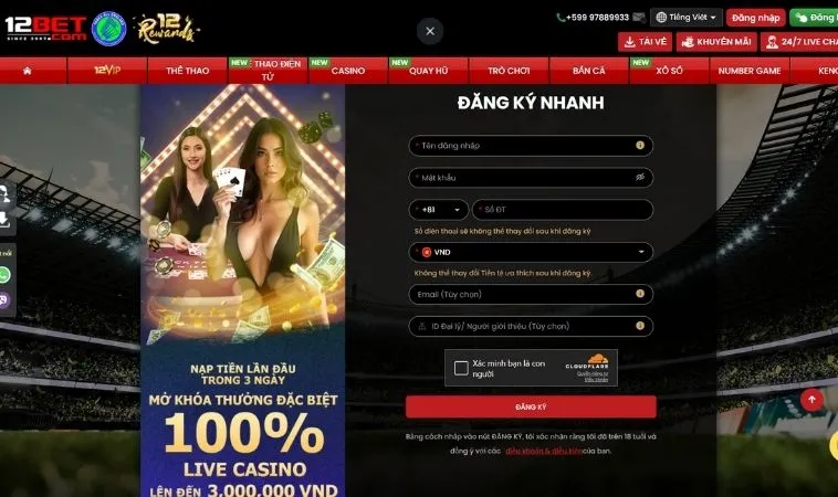 Đăng Ký 12Bet: Hành Trình Cá Cược Bắt Đầu Trong 1 Phút 2 Giao diện đăng Ký 12Bet