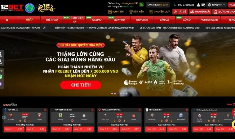Giao diện trang chủ nhà cái 12BET