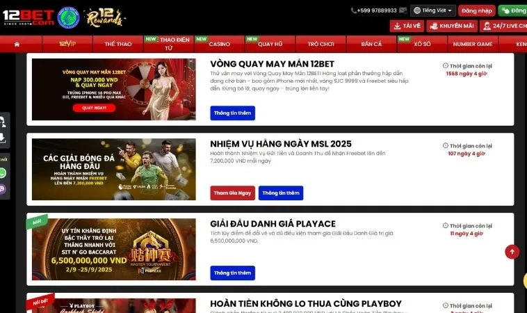 Khuyến Mãi Tại 12Bet: Cơ Hội Vàng Nhận Thưởng Lớn Mỗi Ngày 1 Vô vàn các chương trình khuyến mãi tại 12Bet hấp dẫn tặng hội viên